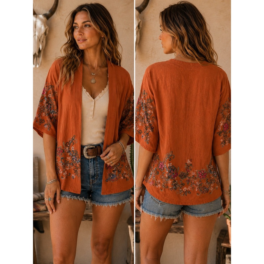 Boho Embroidered Kimono Cardigan Duster Rust Floral Open Front Festival One Size